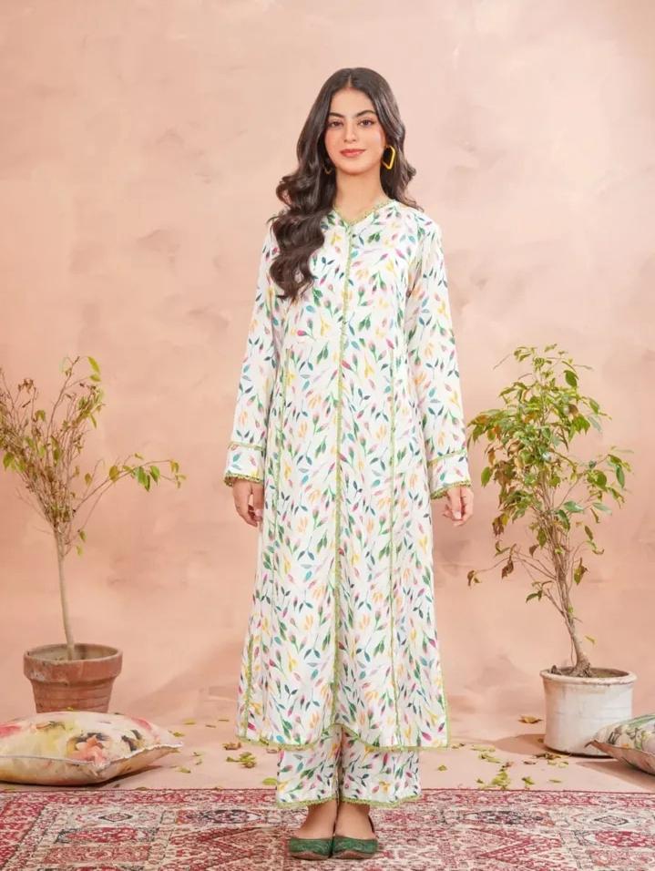 2PC Floral Print Raw Silk