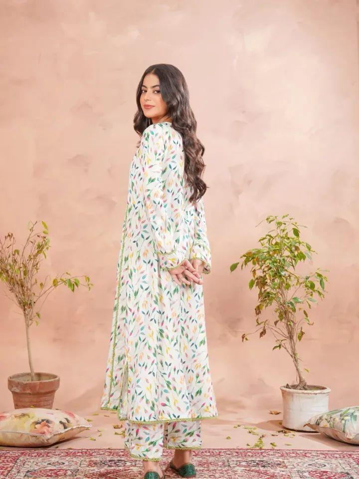 2PC Floral Print Raw Silk