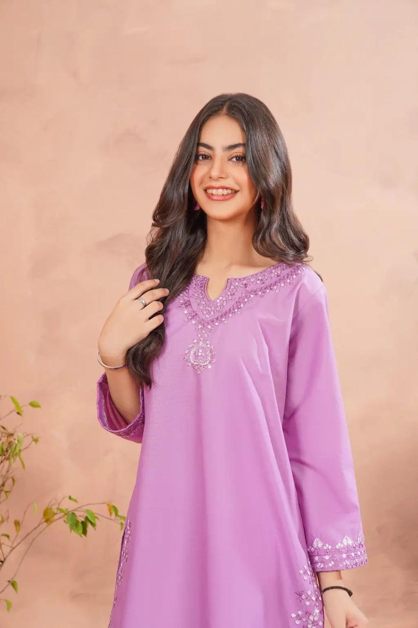 2PC Mouve Lavendar Embroided Lawn