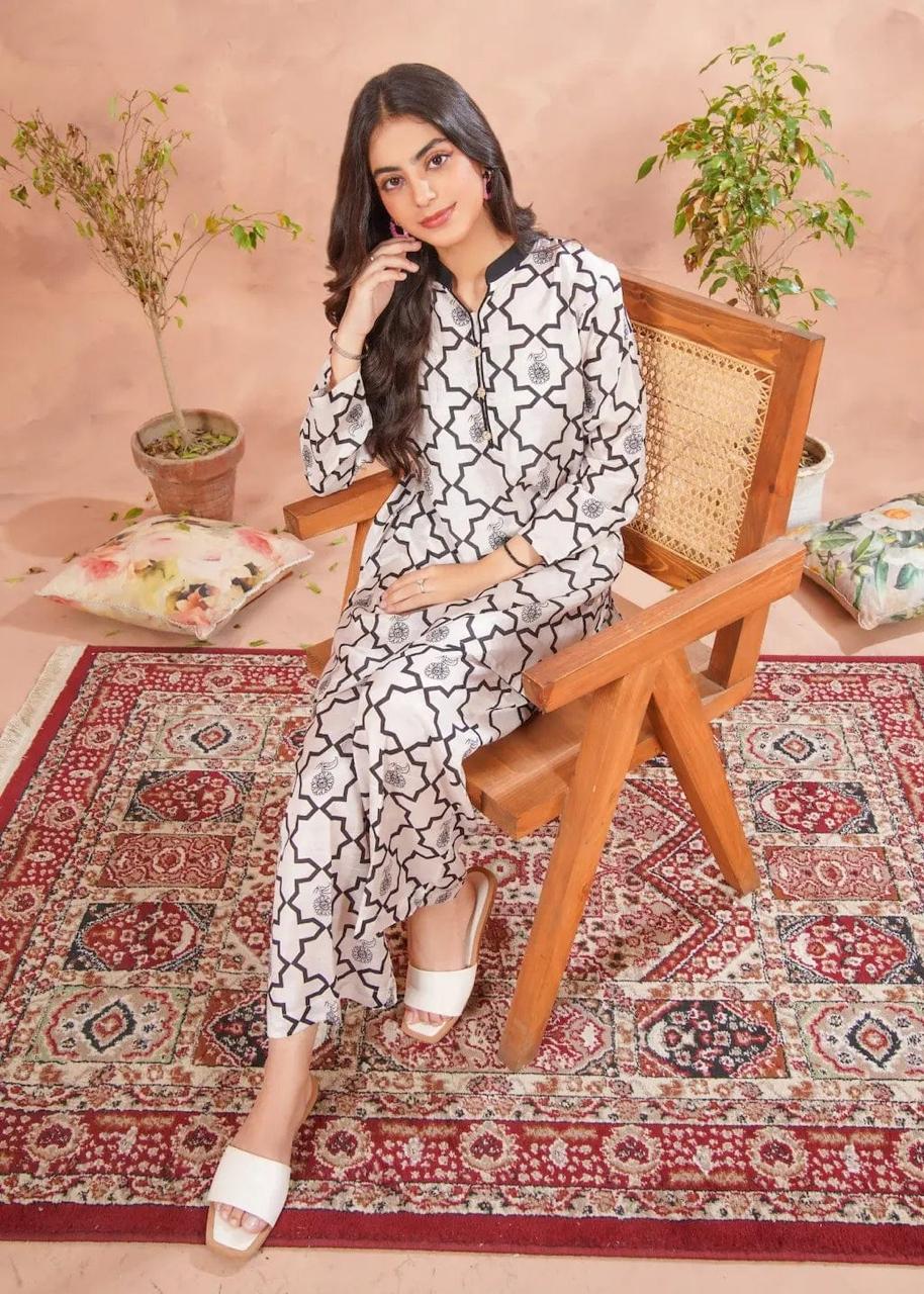 2PC Light Cream Printed Raw Silk