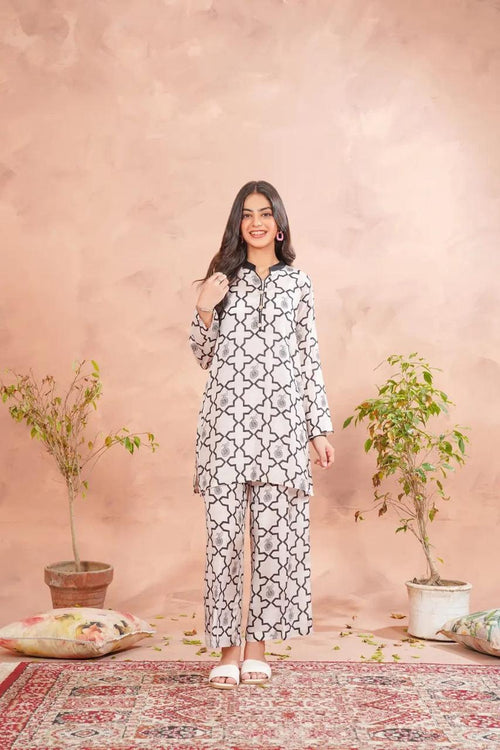 2PC Light Cream Printed Raw Silk