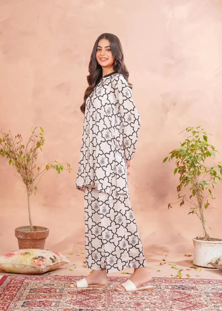 2PC Light Cream Printed Raw Silk