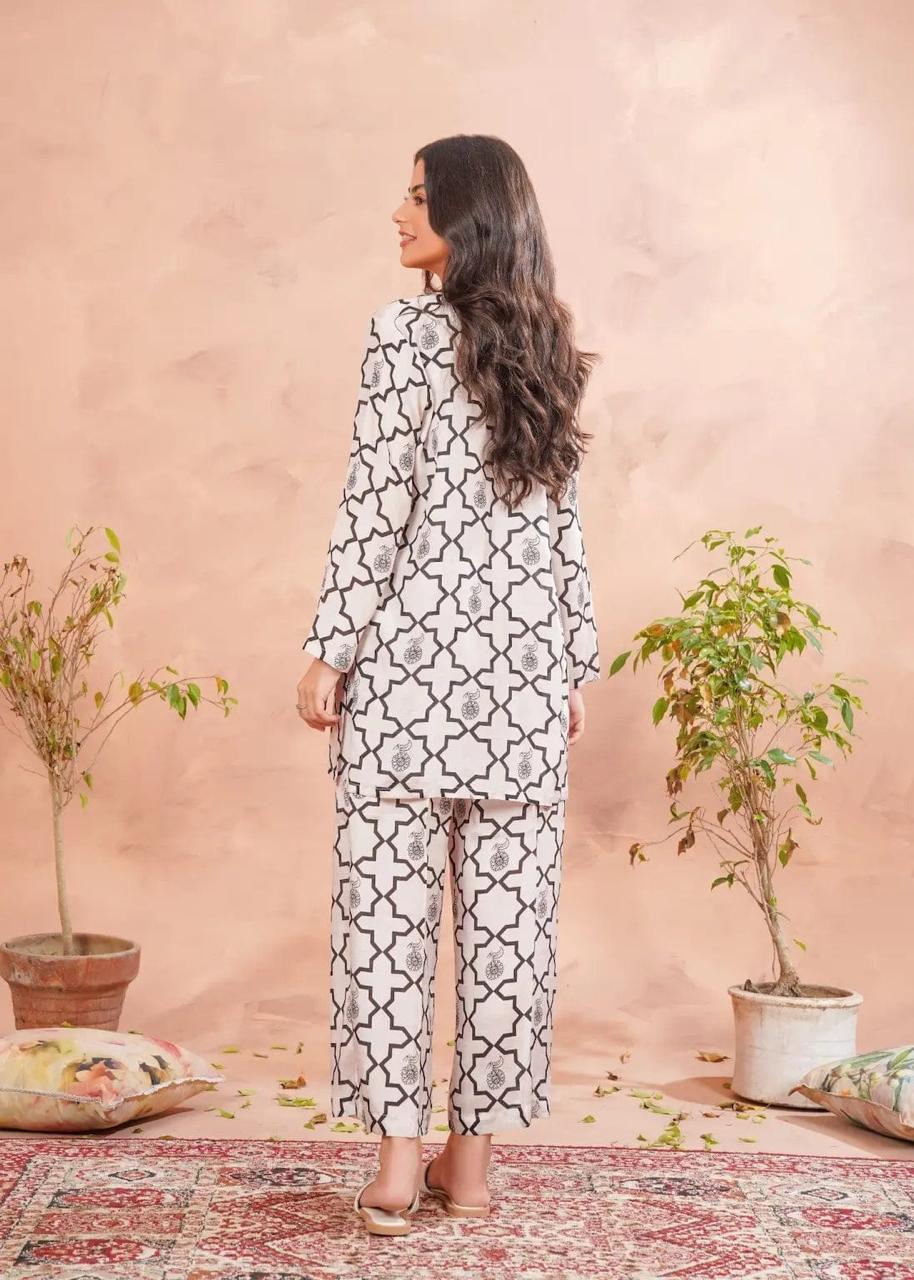 2PC Light Cream Printed Raw Silk