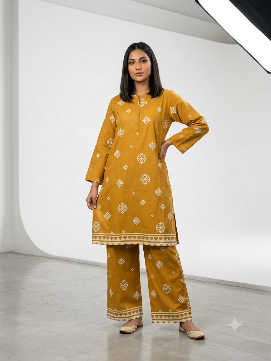 2PC Mustard Yellow Printed Lawn Dress
