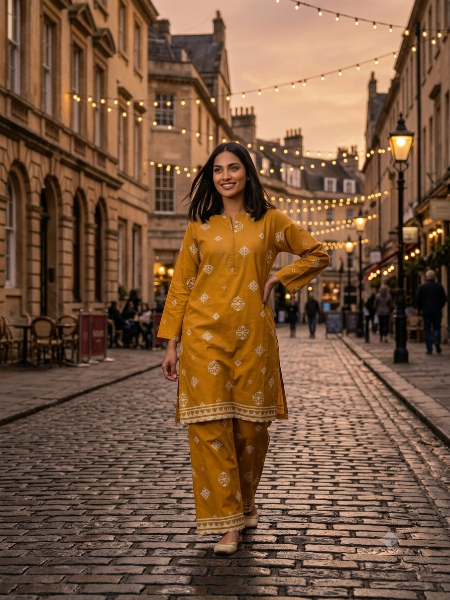 2PC Mustard Yellow Printed Lawn Dress
