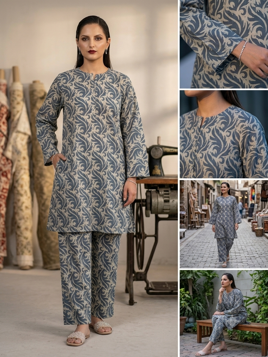 2PC Slate Grey Printed Lawn Dress