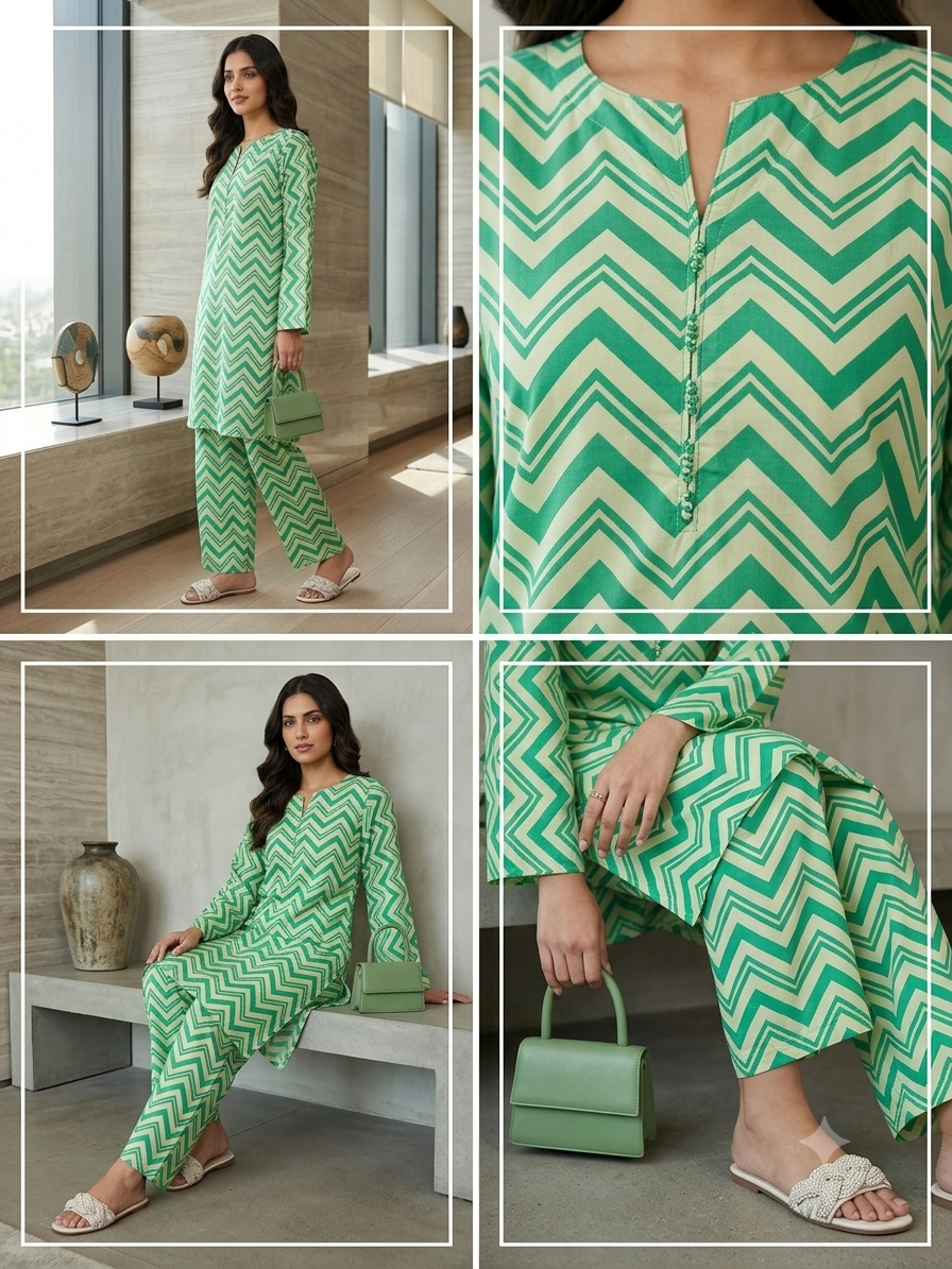 2PC Mint Green Chevron Lawn Dress