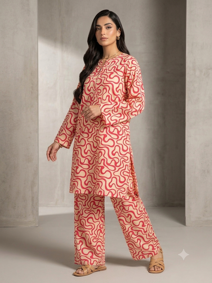 2PC Coral Pink Printed Lawn Dress