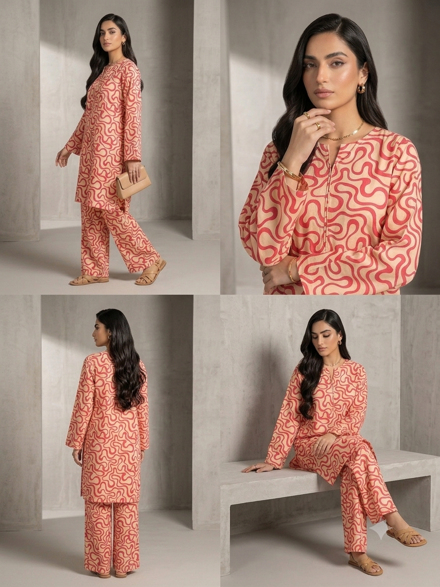 2PC Coral Pink Printed Lawn Dress