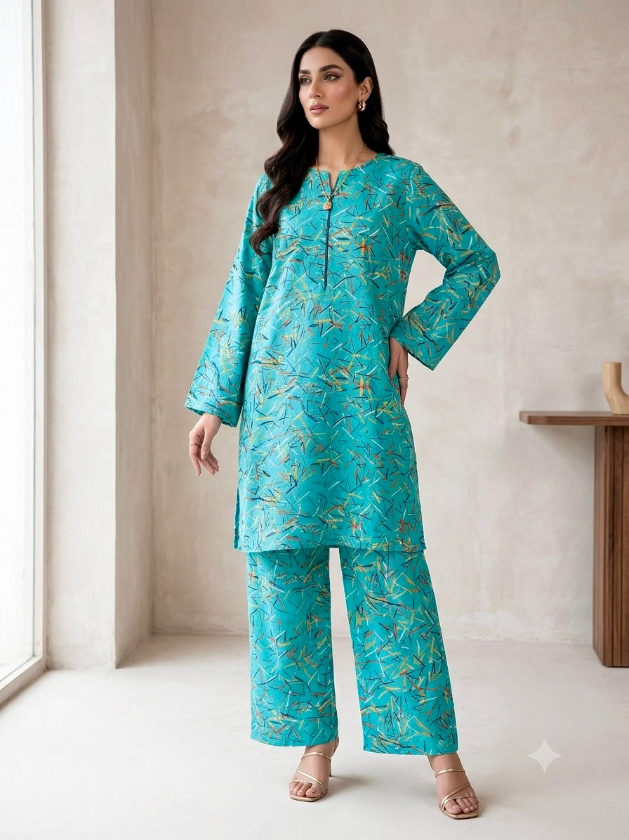 2PC Turquoise Abstract Lawn Dress