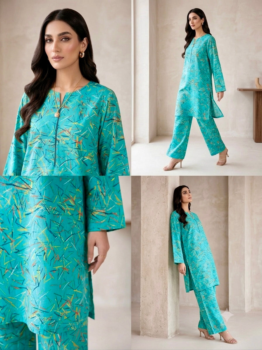 2PC Turquoise Abstract Lawn Dress