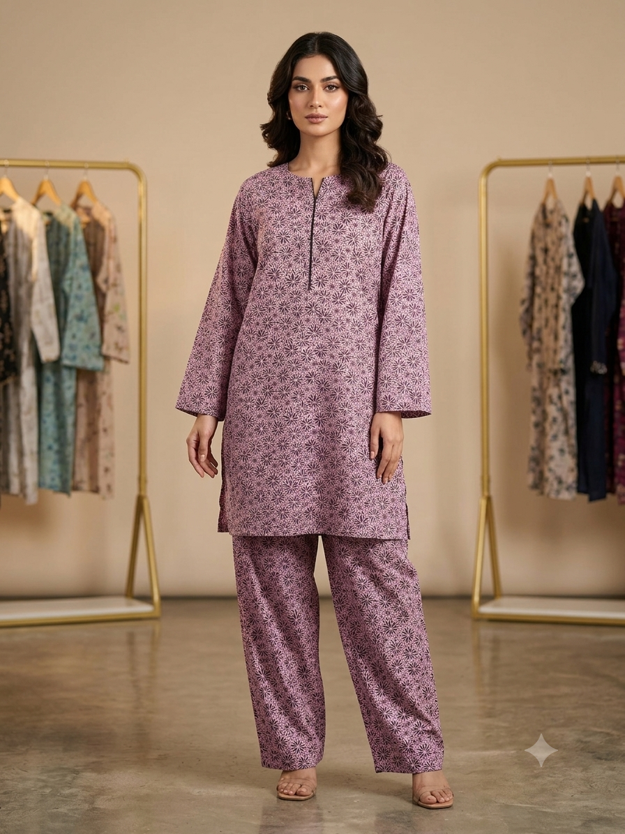 2PC Lilac Geometric Lawn Dress