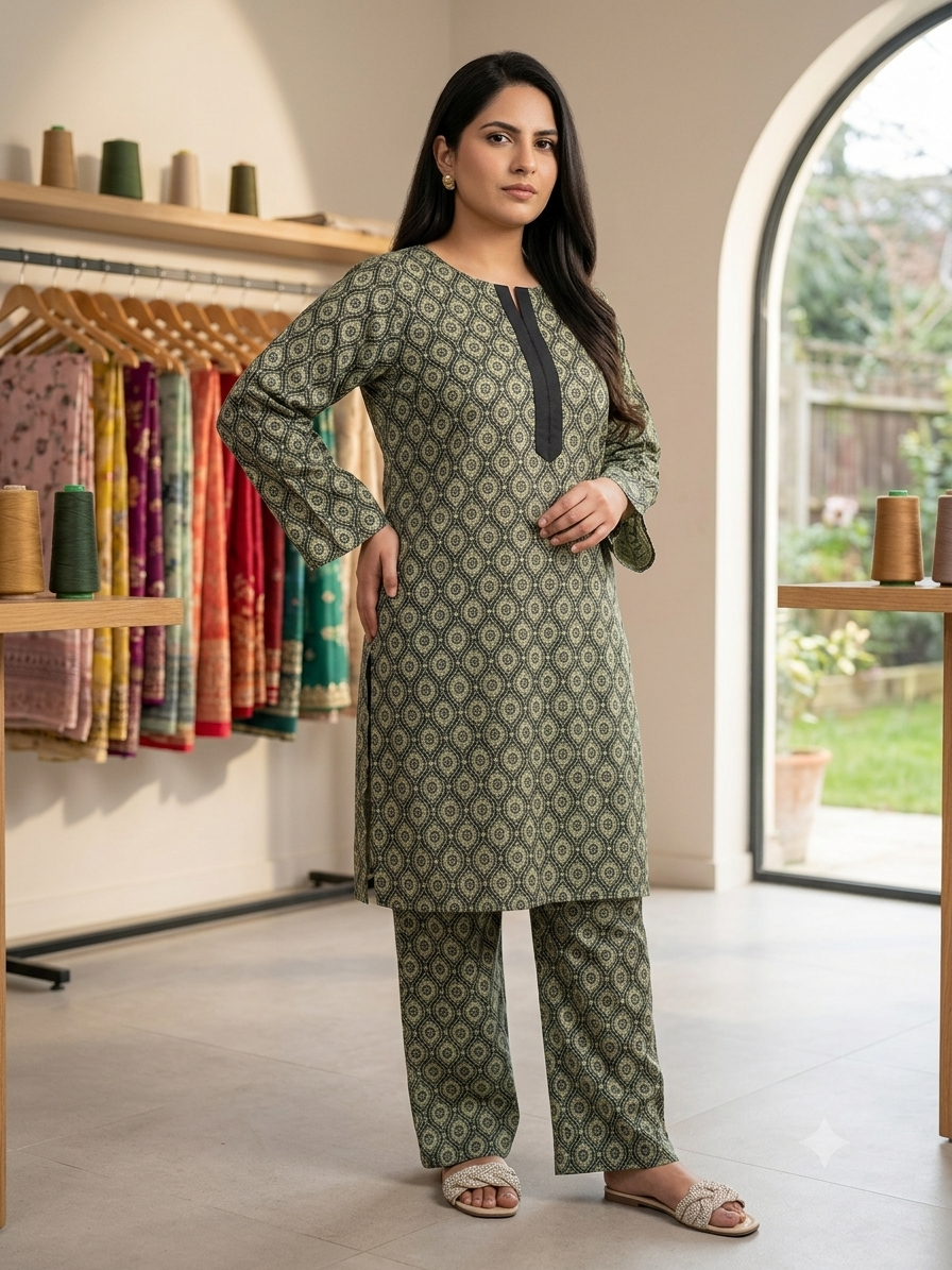 2PC Olive Green Geometric Lawn Dress Product Overview