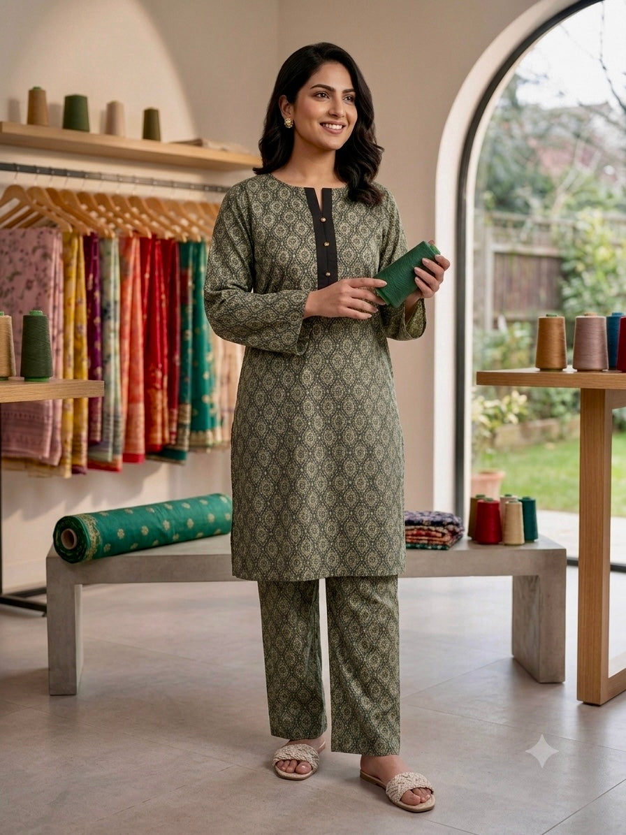 2PC Olive Green Geometric Lawn Dress Product Overview