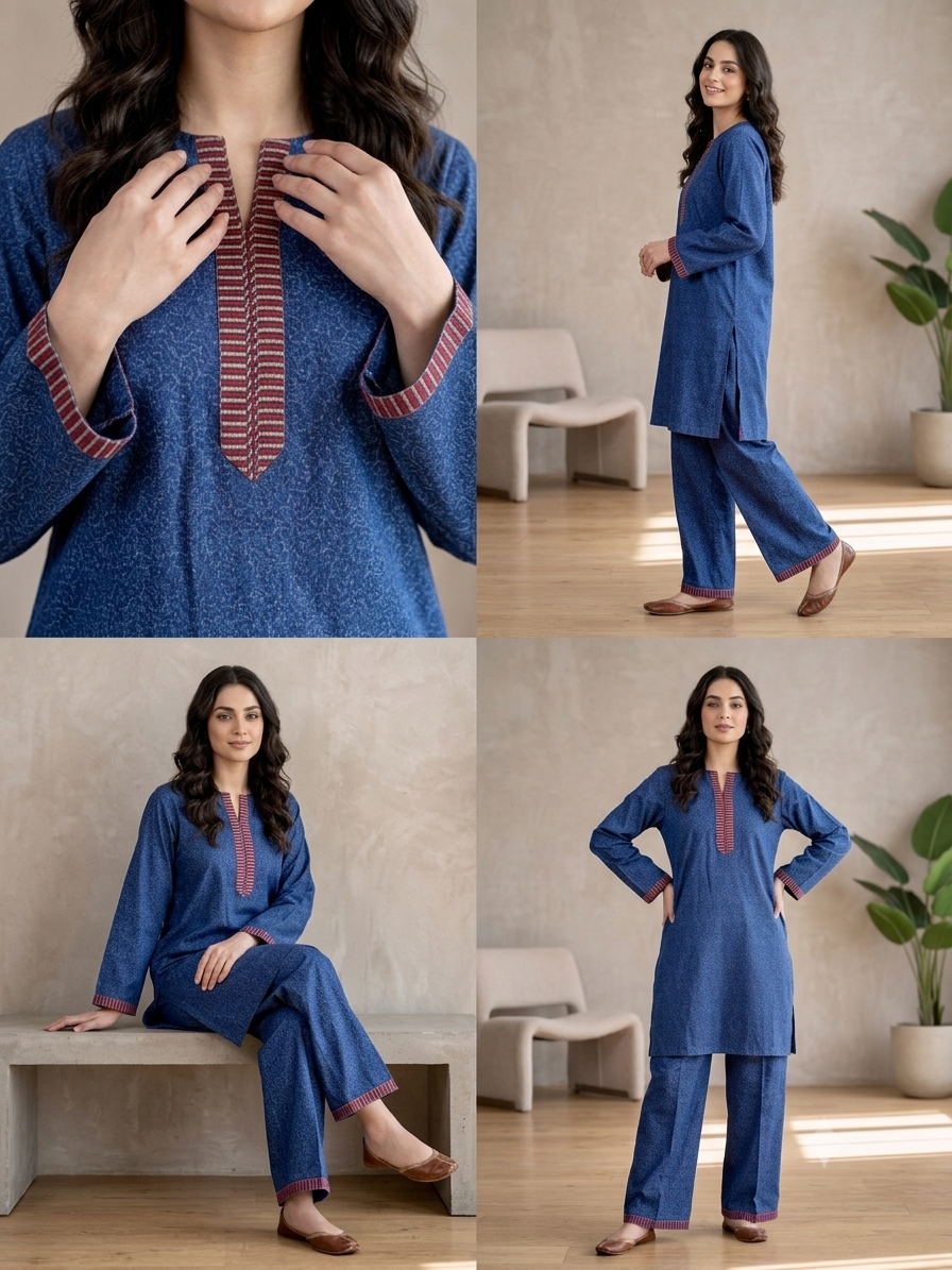 2PC Indigo Blue Bordered Lawn Dress