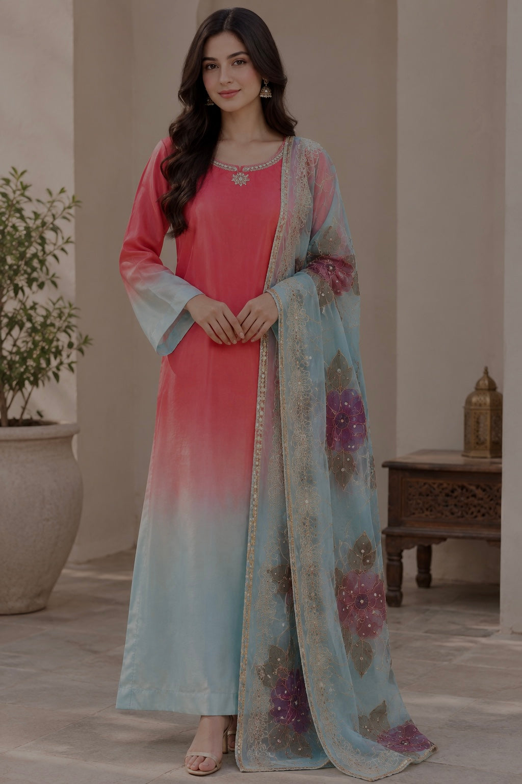 Coral Pink & Sky Blue Ombré Silk Suit Set with Organza Floral Dupatta