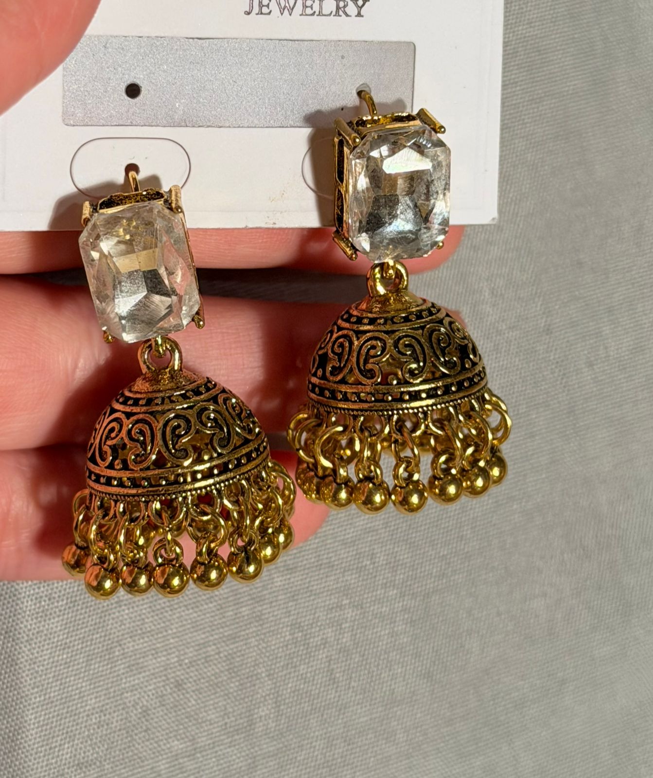 Antique Gold Clear Crystal Jhumka Earrings