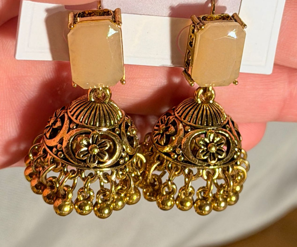 Antique Gold Clear Crystal Jhumka Earrings