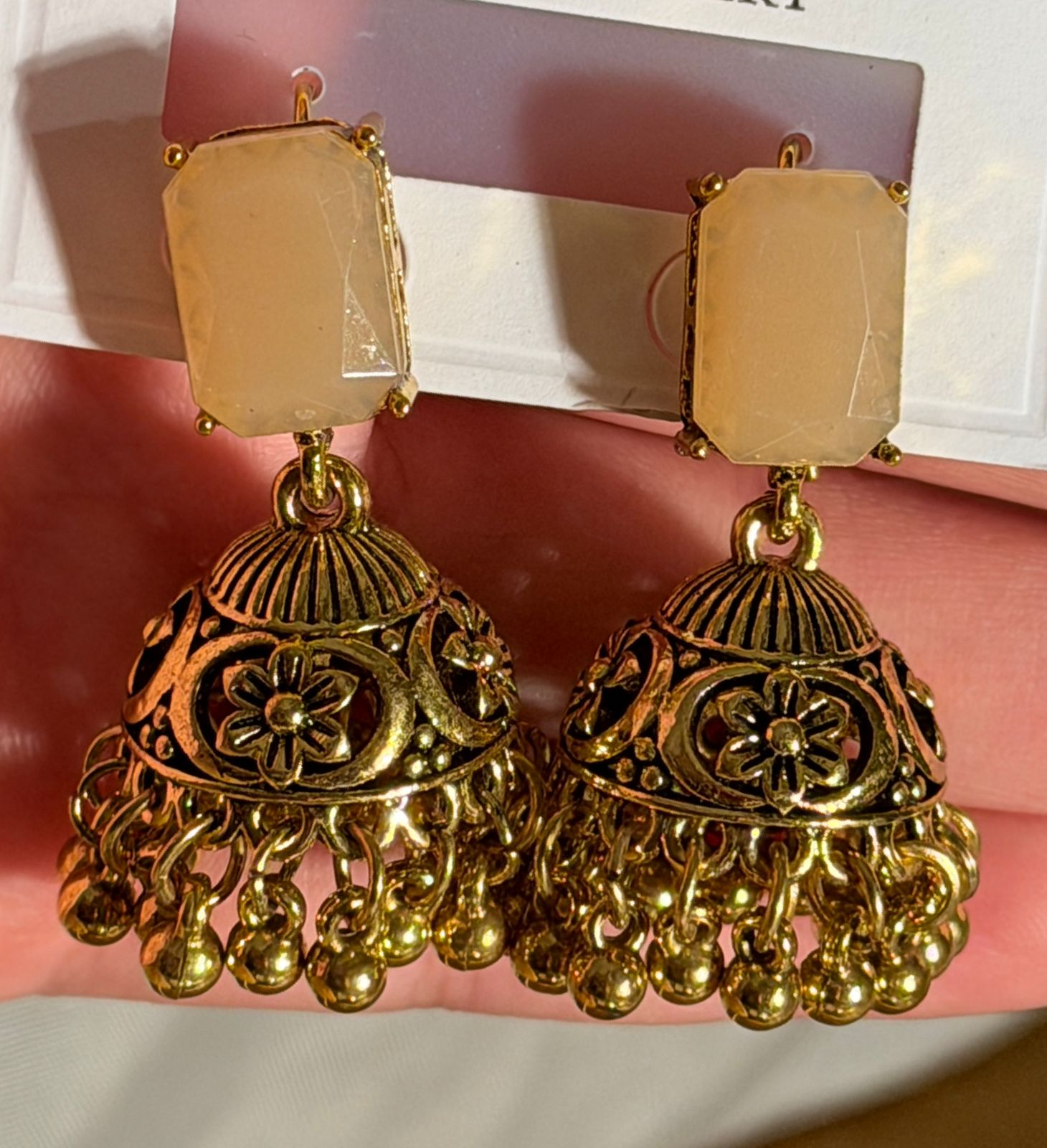 Antique Gold Clear Crystal Jhumka Earrings
