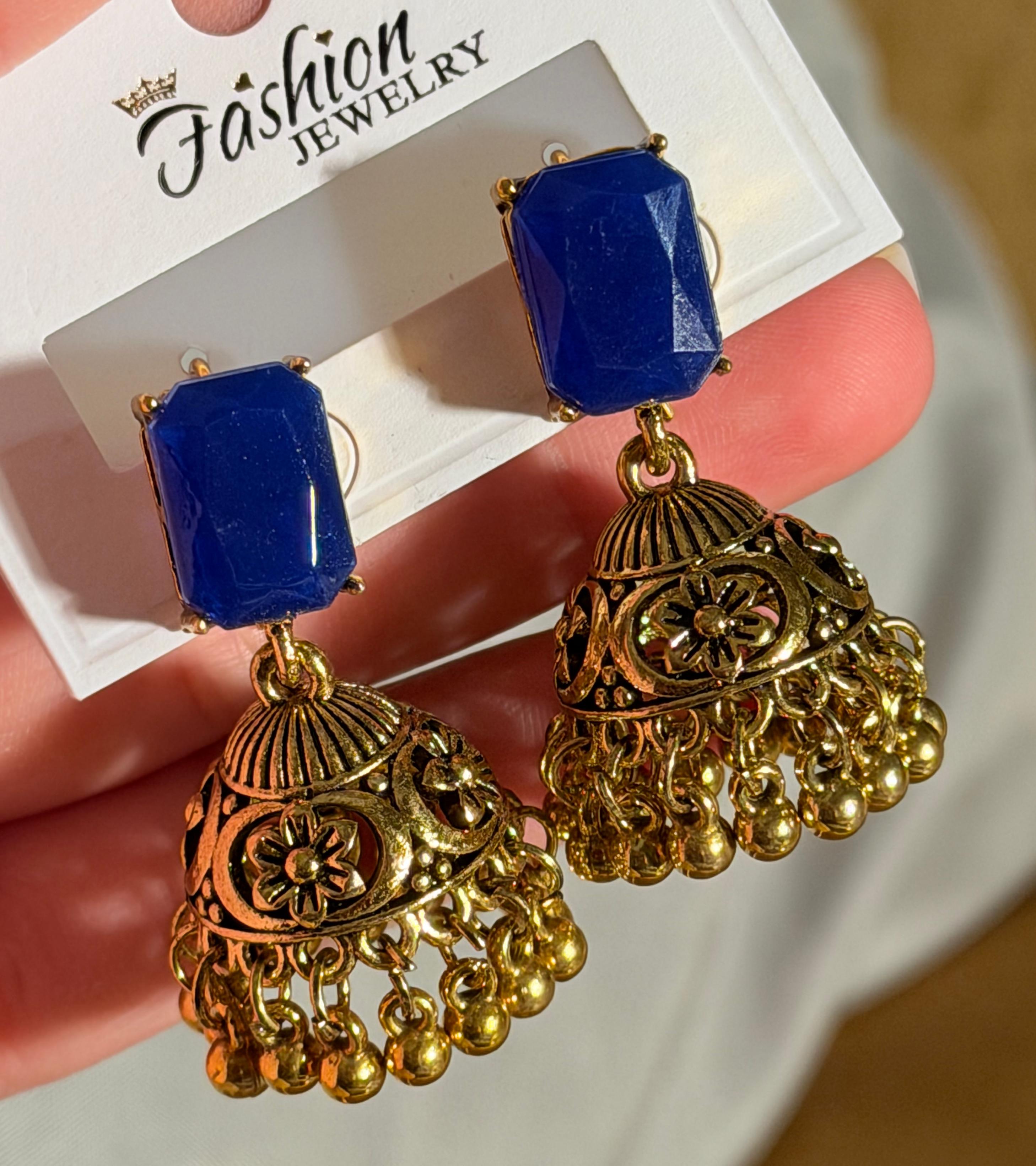 Antique Gold Clear Crystal Jhumka Earrings