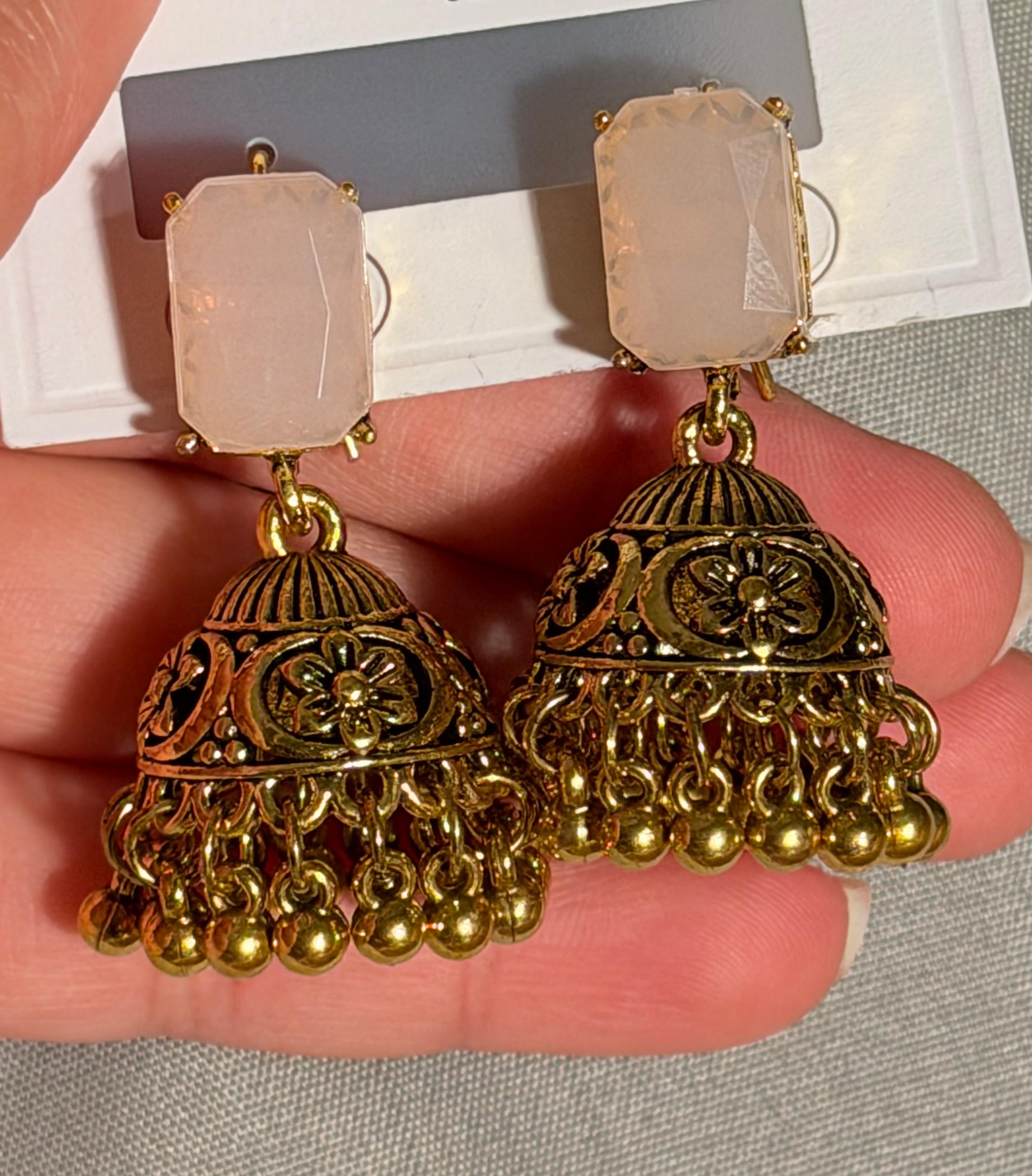 Antique Gold Clear Crystal Jhumka Earrings