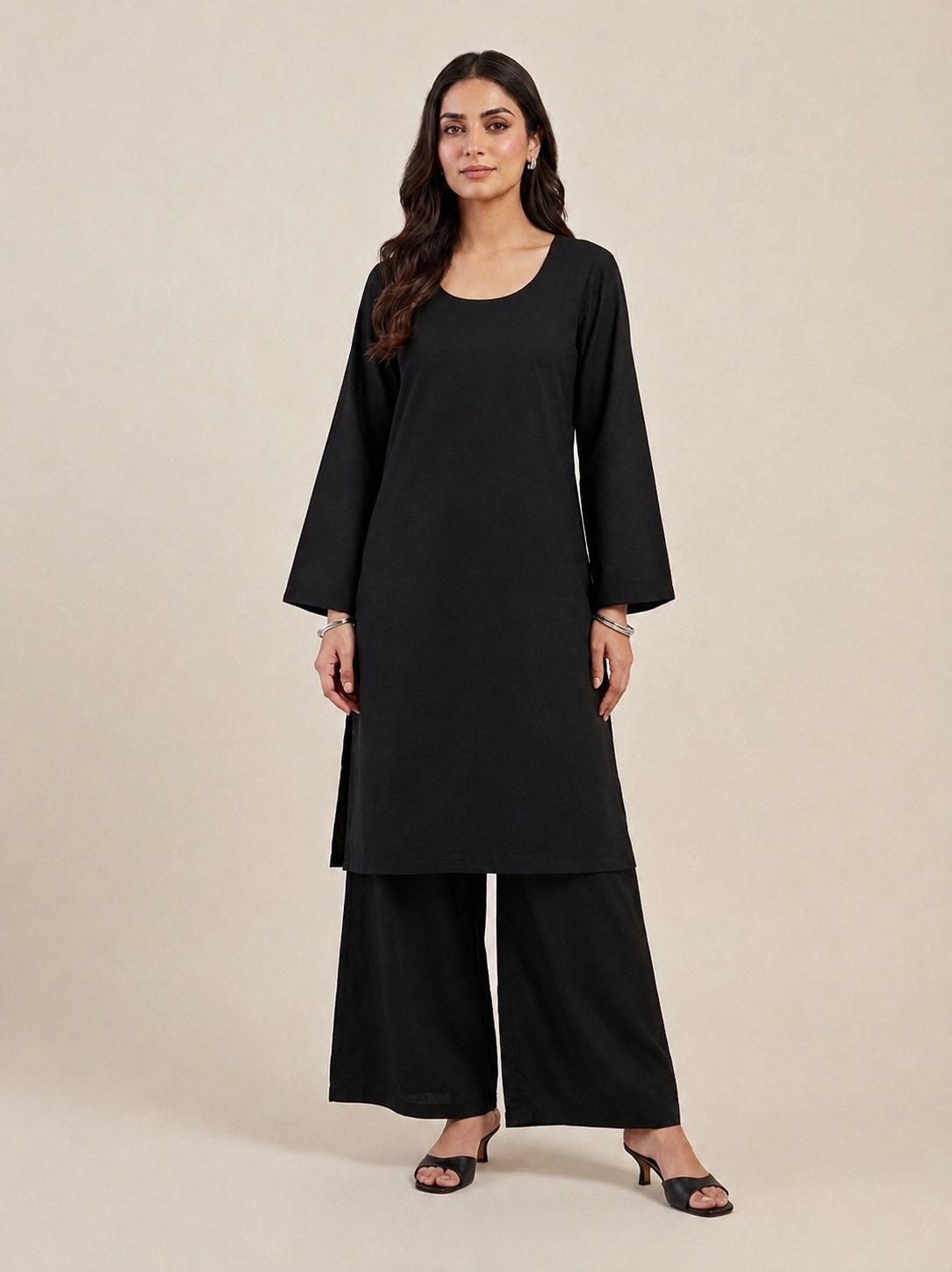 2PC Kurta Set with Wide-Leg Palazzos - Black