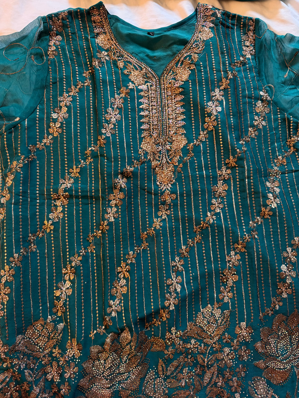 Sea Green Tila Work 3-Piece Fancy Dress