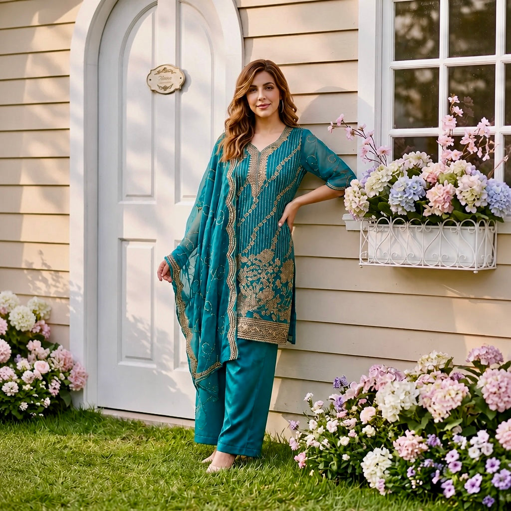 Sea Green Tila Work 3-Piece Fancy Dress