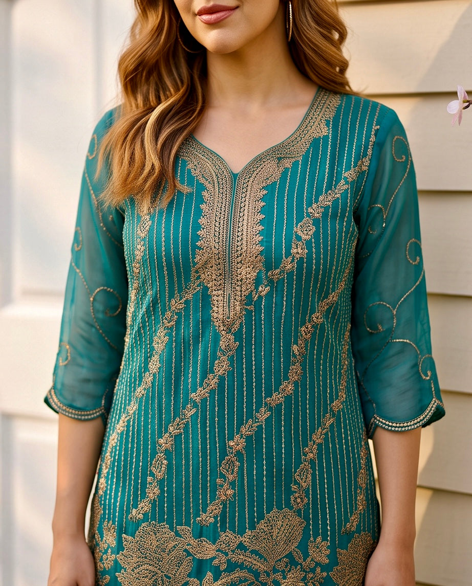 Sea Green Tila Work 3-Piece Fancy Dress