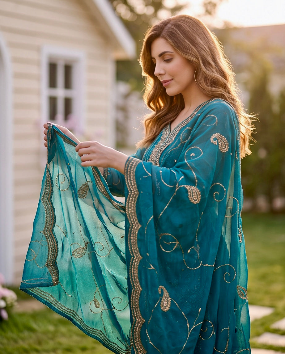 Sea Green Tila Work 3-Piece Fancy Dress