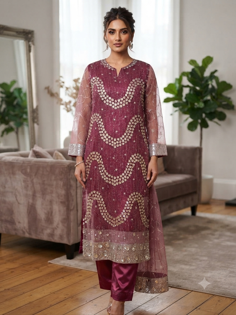 Deep Plum Heavy Sequin & Stonework 3-Piece Dress