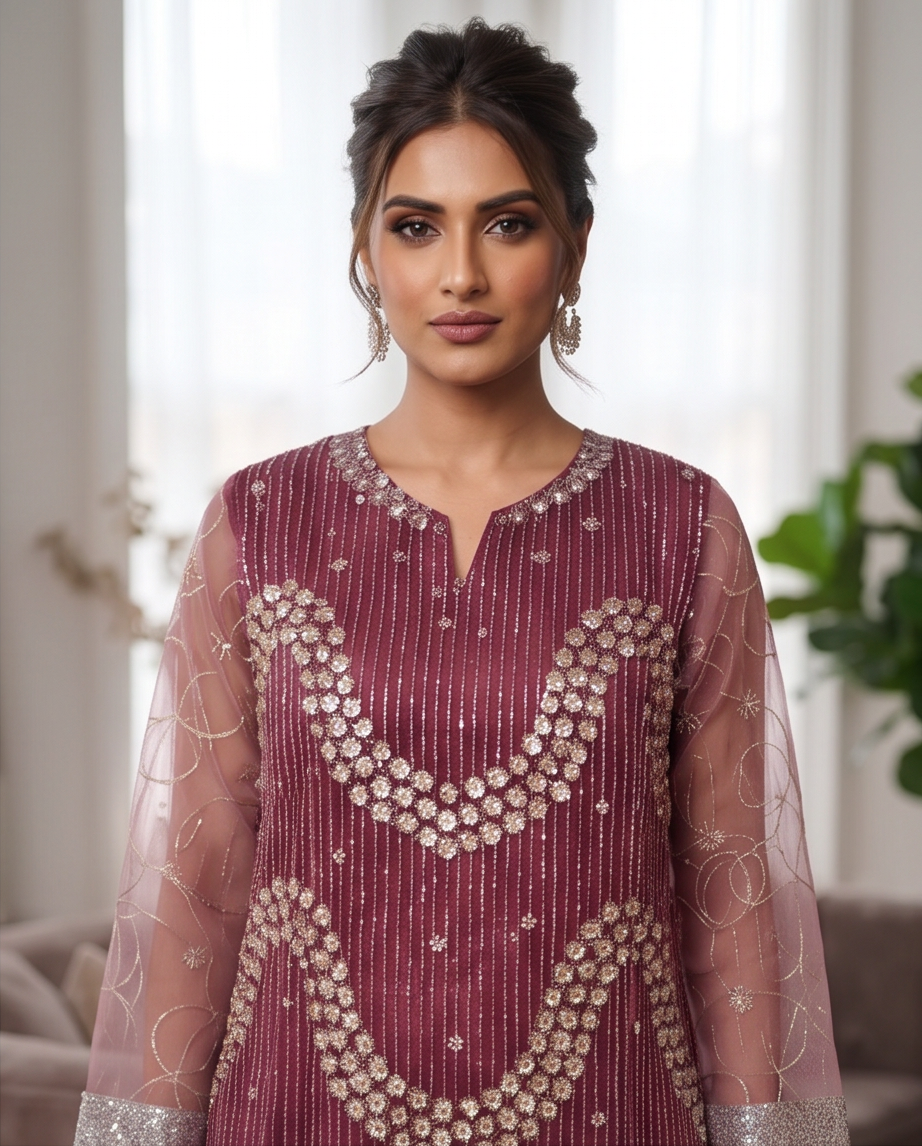 Deep Plum Heavy Sequin & Stonework 3-Piece Dress