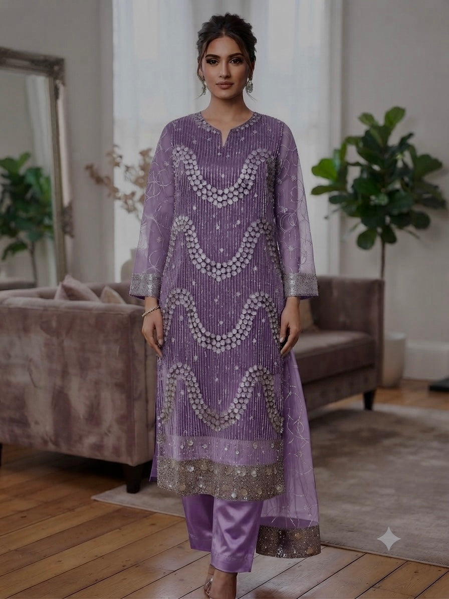 Lilac Heavy Sequin & Stonework 3-Piece  Dress