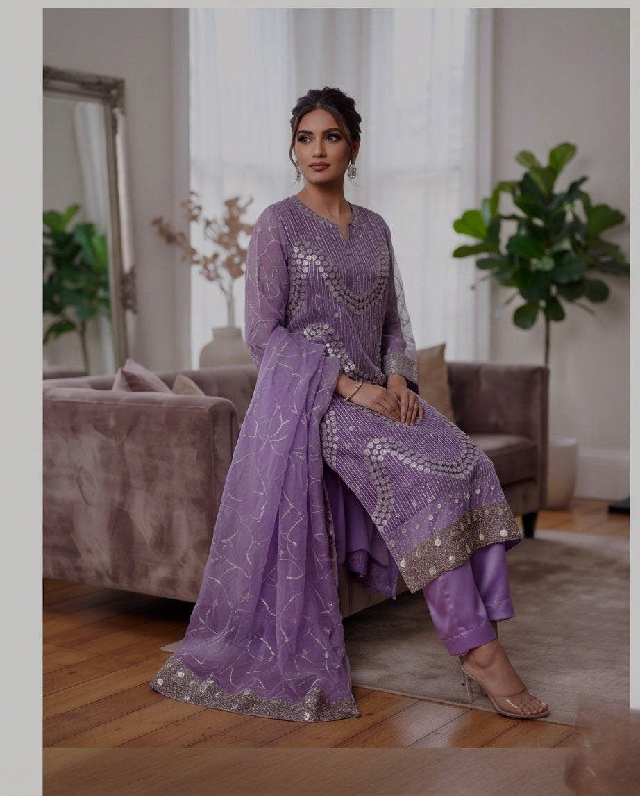Lilac Heavy Sequin & Stonework 3-Piece  Dress
