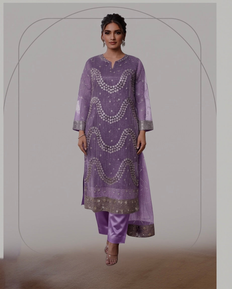 Lilac Heavy Sequin & Stonework 3-Piece  Dress