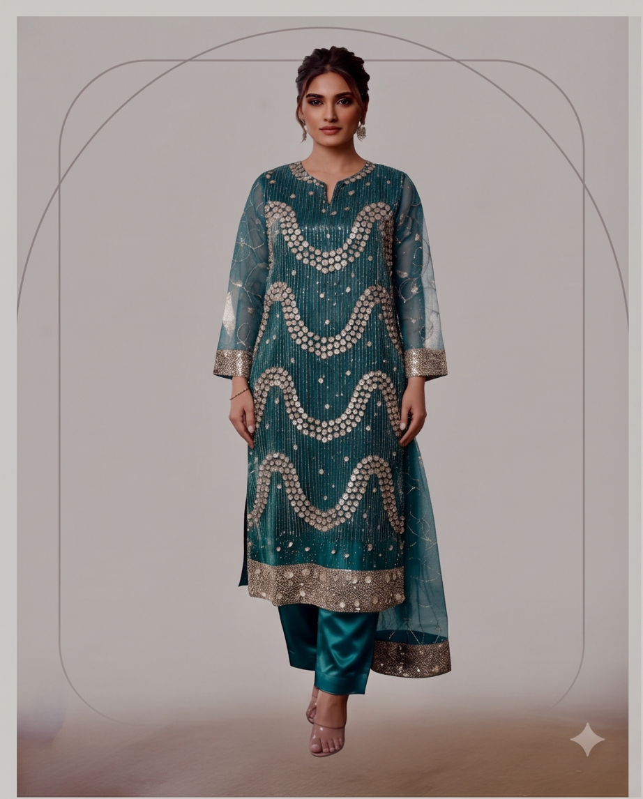Sea Green Heavy Sequin & Stonework 3-Piece Net Dress