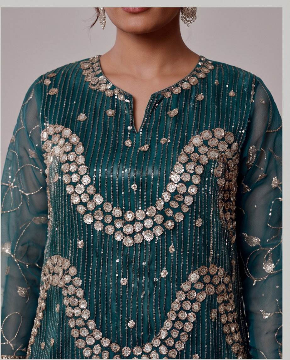 Sea Green Heavy Sequin & Stonework 3-Piece Net Dress