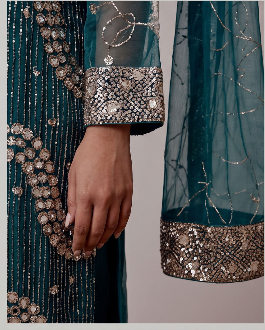 Sea Green Heavy Sequin & Stonework 3-Piece Net Dress