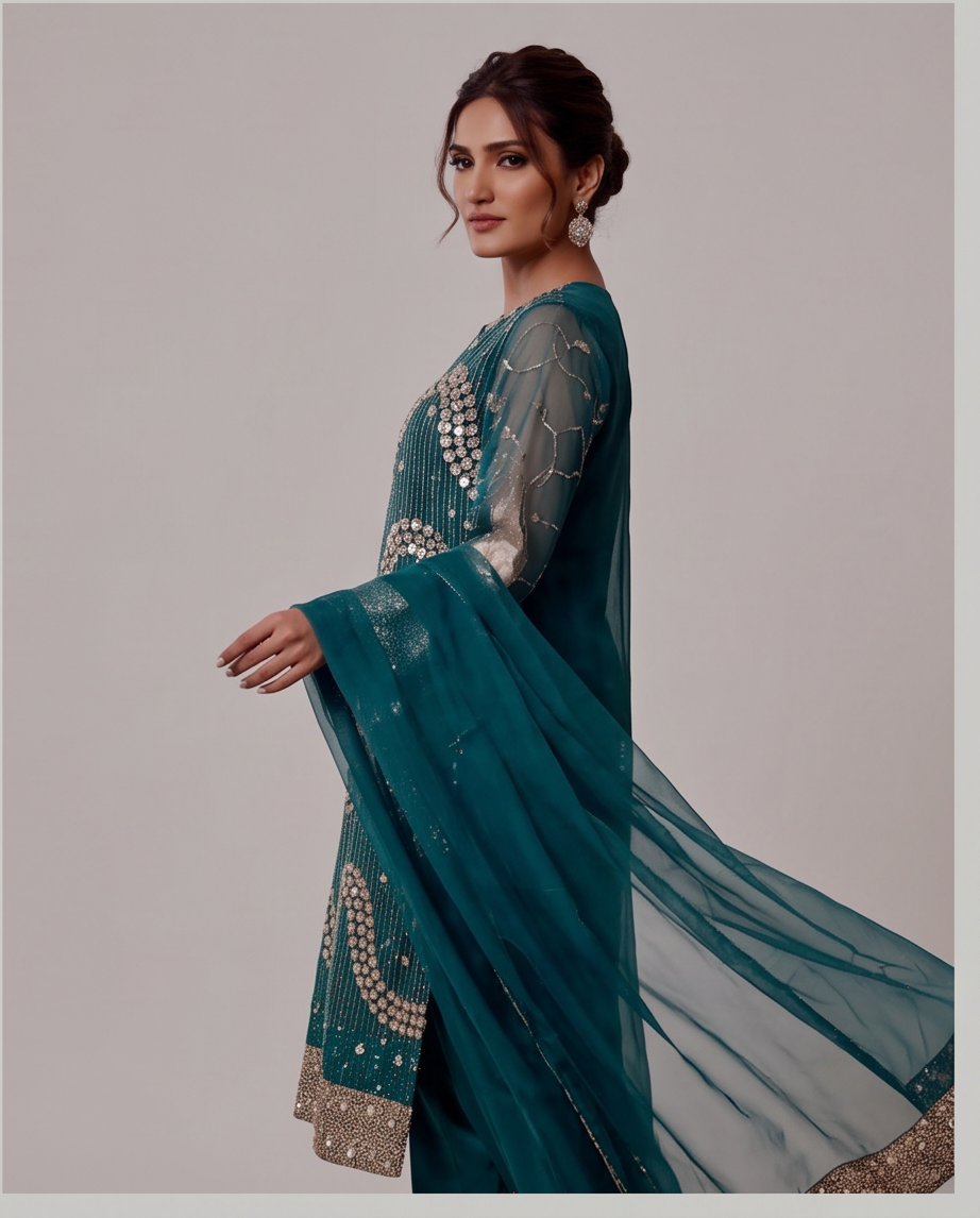Sea Green Heavy Sequin & Stonework 3-Piece Net Dress