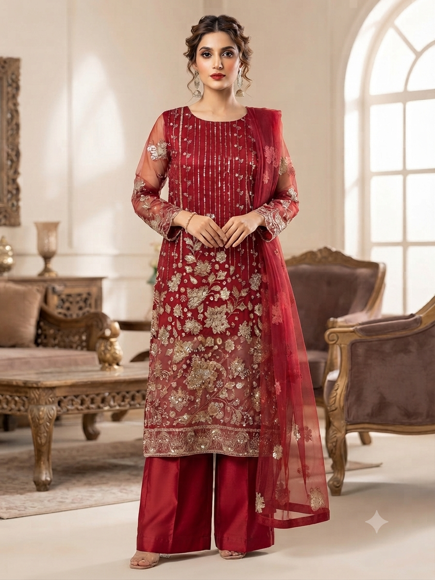 Crimson Red Net Stonework & Sequin work dress