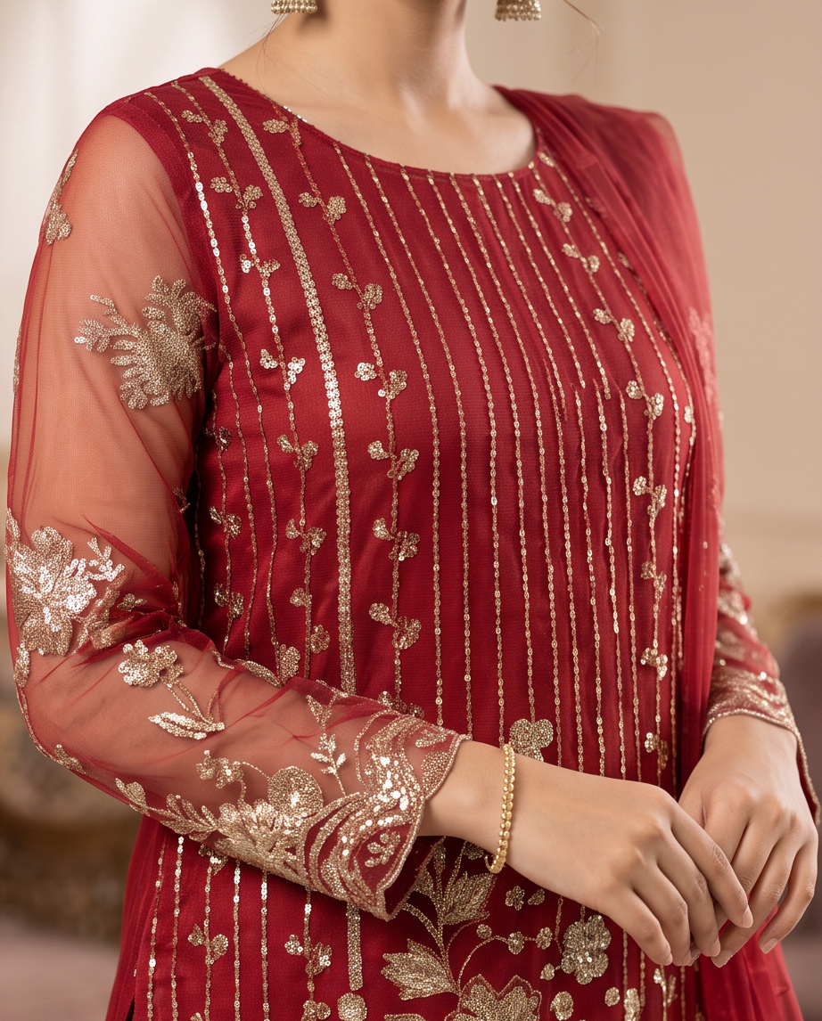 Crimson Red Net Stonework & Sequin work dress