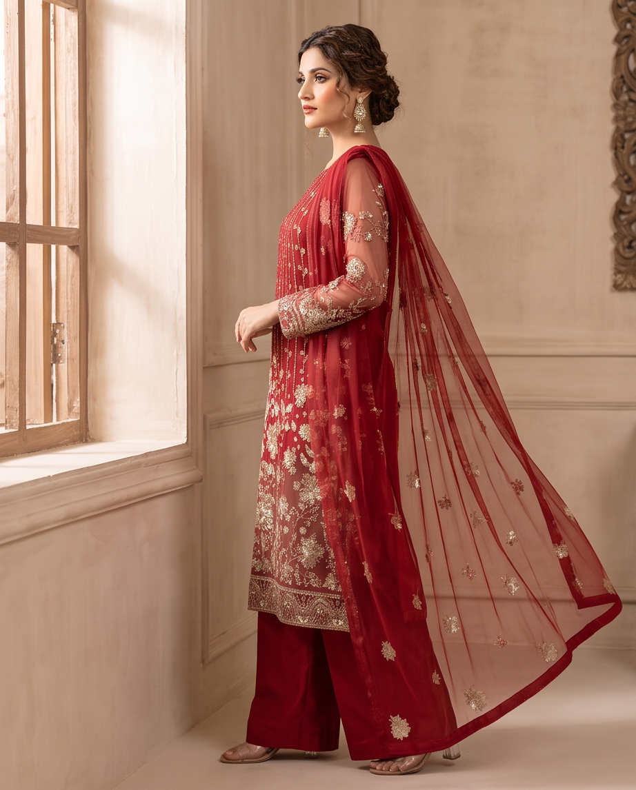 Crimson Red Net Stonework & Sequin work dress