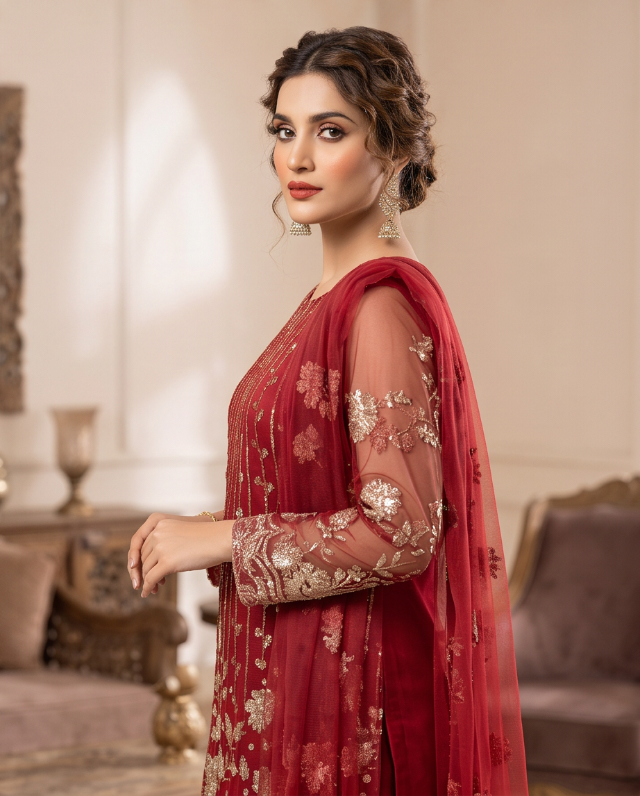 Crimson Red Net Stonework & Sequin work dress