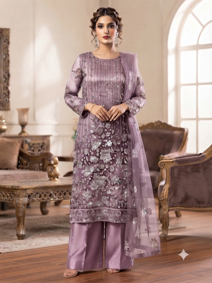 Mauve Lavendar Stonework & Sequin work Dress