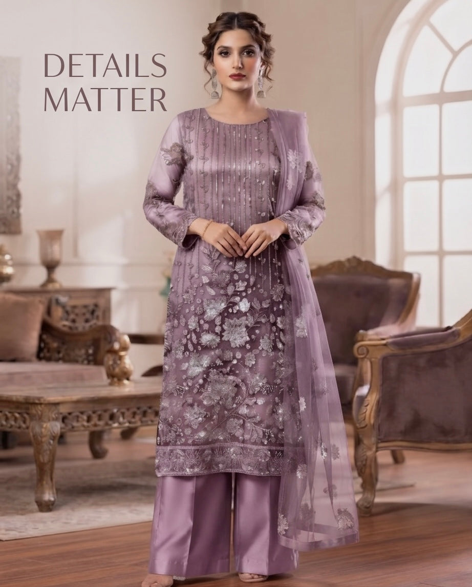 Mauve Lavendar Stonework & Sequin work Dress