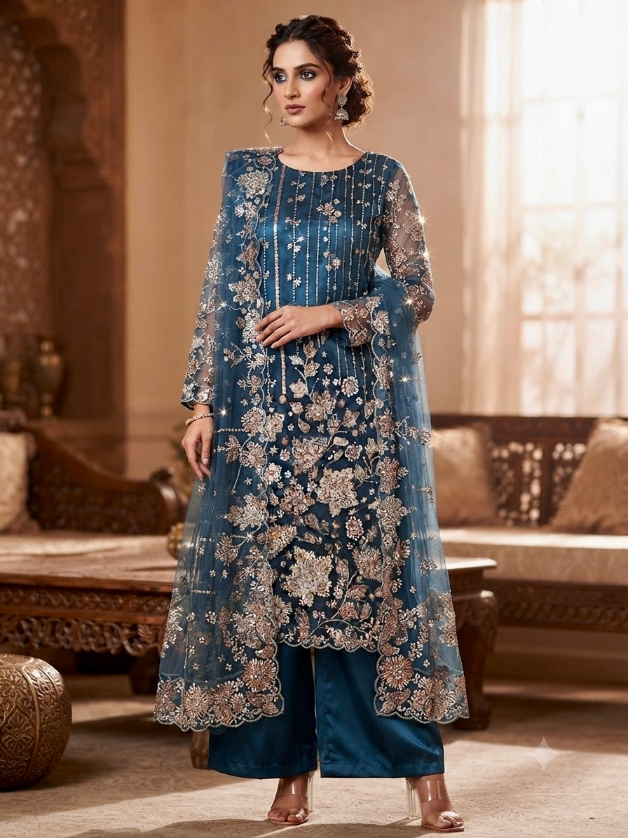 Steel Blue Stone & Sequin work Net Dress