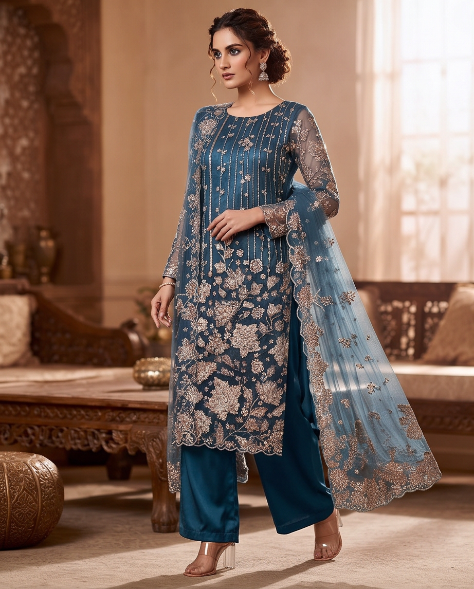 Steel Blue Stone & Sequin work Net Dress