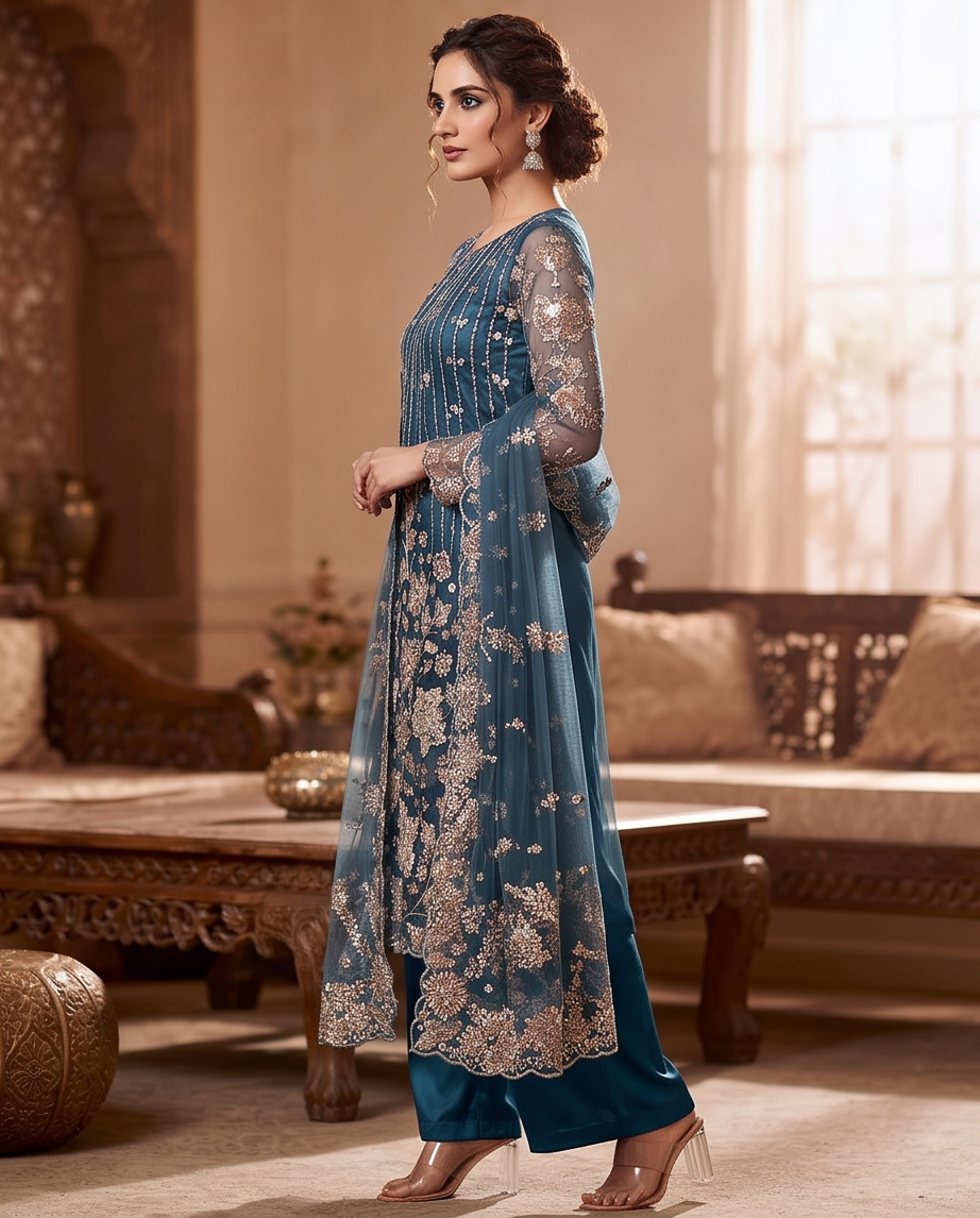 Steel Blue Stone & Sequin work Net Dress