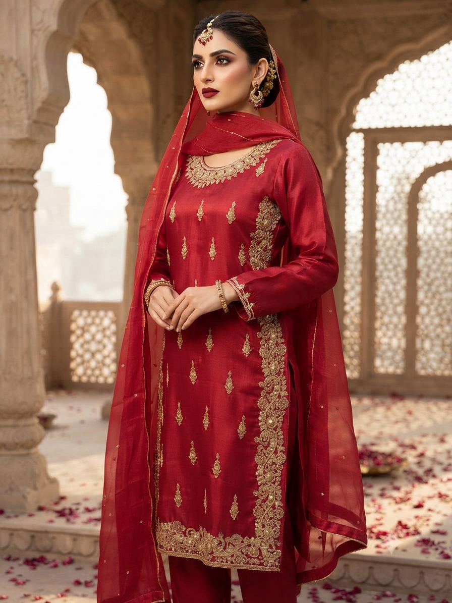 The Red Silk Fancy Dress with loose Plazzo