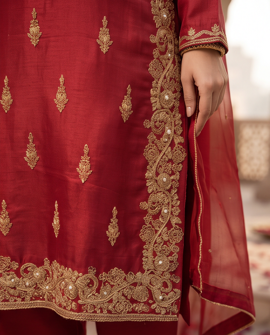 The Red Silk Fancy Dress with loose Plazzo